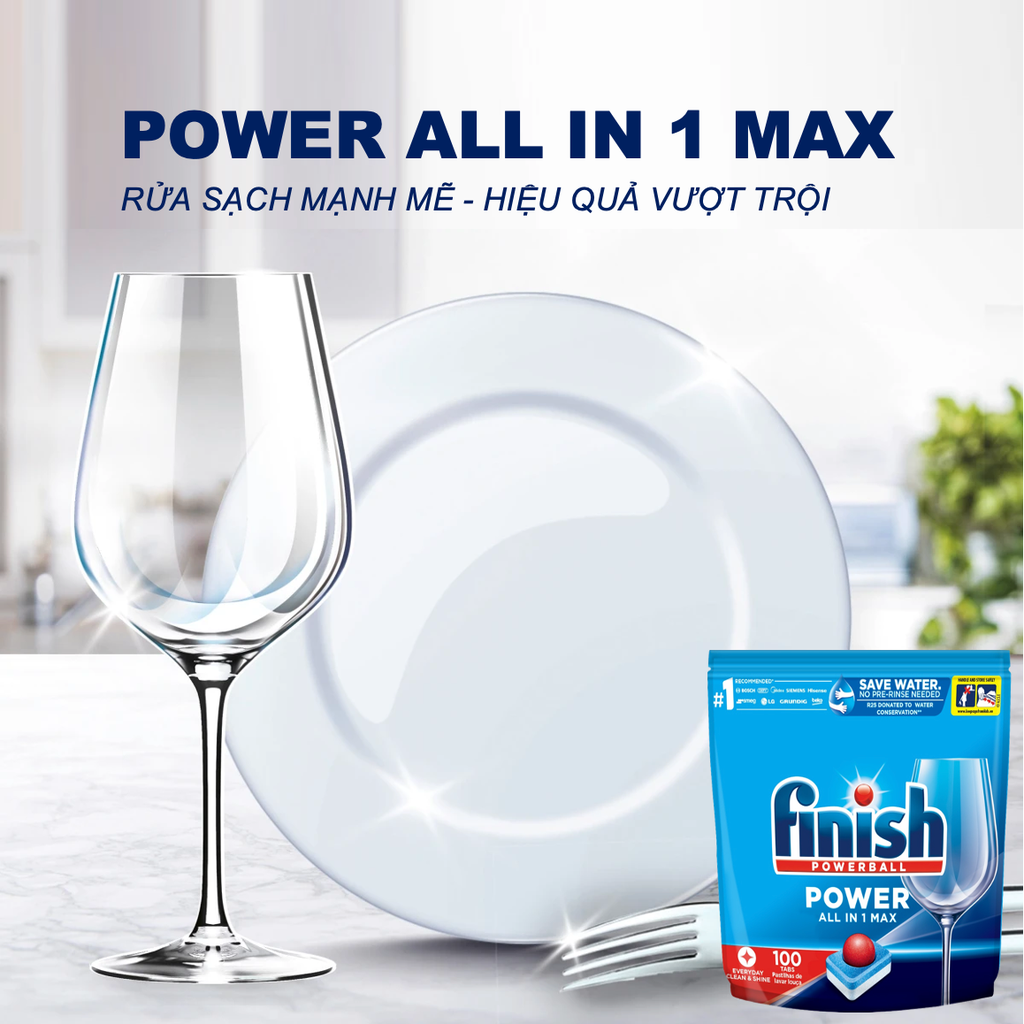 Túi 24 viên Finish All in 1 Max 2025 – 10 tính năng – Dành cho máy rửa chén 9-13 bộ trở lên