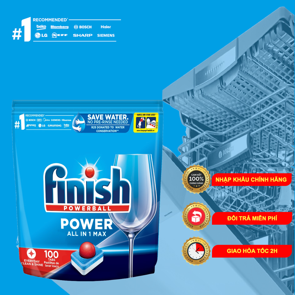 Túi 100 viên Finish All in 1 Max 2025 – 10 tính năng – Dành cho máy rửa chén 9-13 bộ trở lên