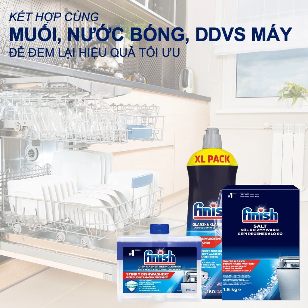 Combo 4 món tối ưu Finish: 100 viên Essential, muối 1,5kg, nước làm bóng 800ml, vệ sinh máy 250ml