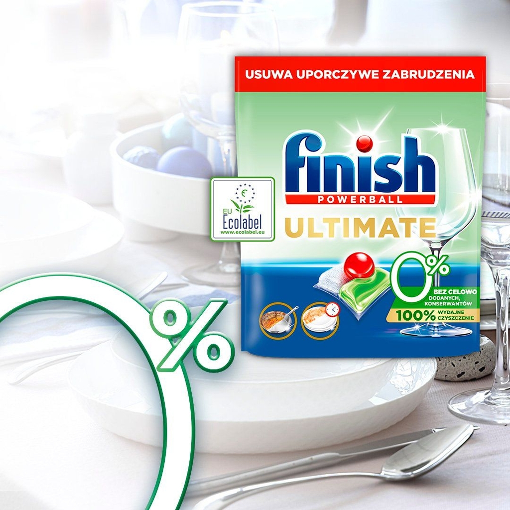 Túi 45 viên rửa chén Finish Ultimate All in 1 0% Ecolabel EU 2025 – 14 tính năng – Dành cho máy rửa chén 12-13 bộ trở lên