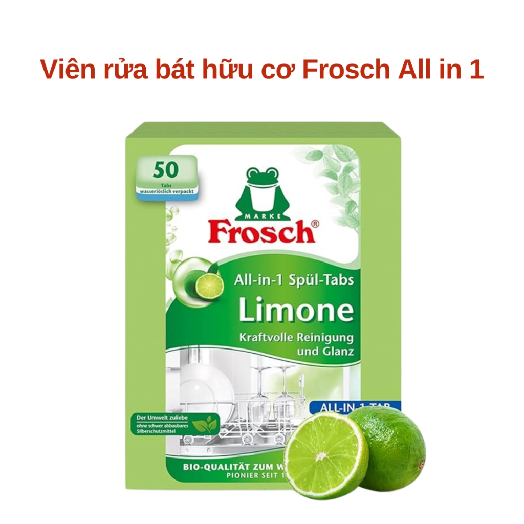 Hộp viên rửa chén hữu cơ Frosch All in 1 hương chanh 50 viên – Sạch bóng an toàn, thân thiện với môi trường