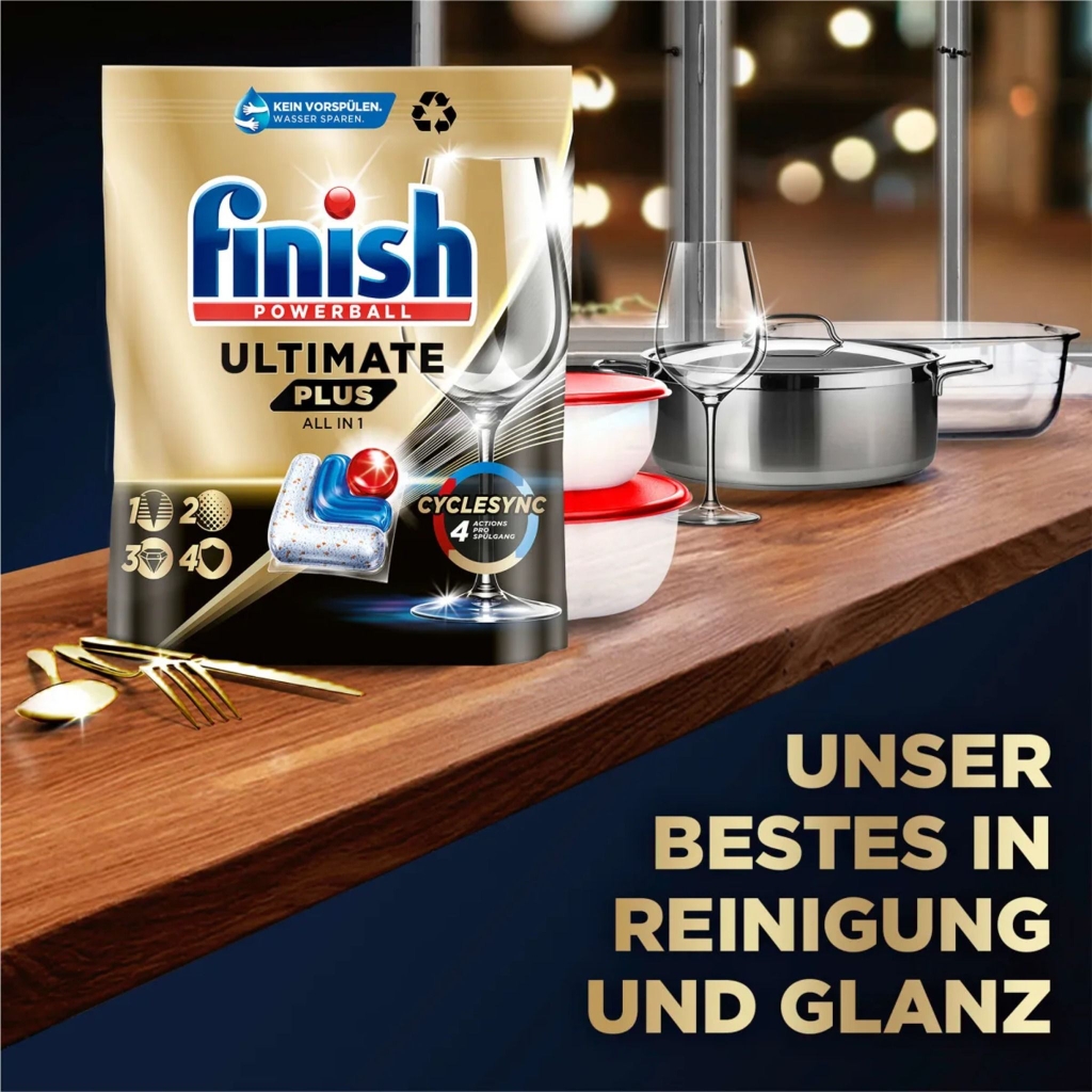 Túi 70 viên rửa chén Finish Ultimate PLUS Hương Soda 2025 – 14 tính năng MỚI – Dành cho máy rửa chén 12-13 bộ trở lên