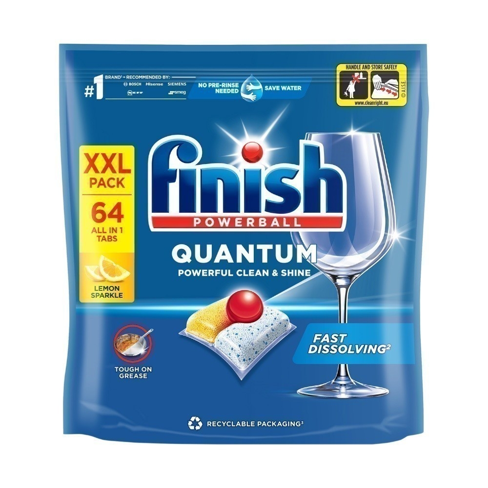 Túi 64 viên rửa chén Finish Quantum All in 1 2025 – 12 tính năng – Dành cho máy rửa chén 12-13 bộ trở lên