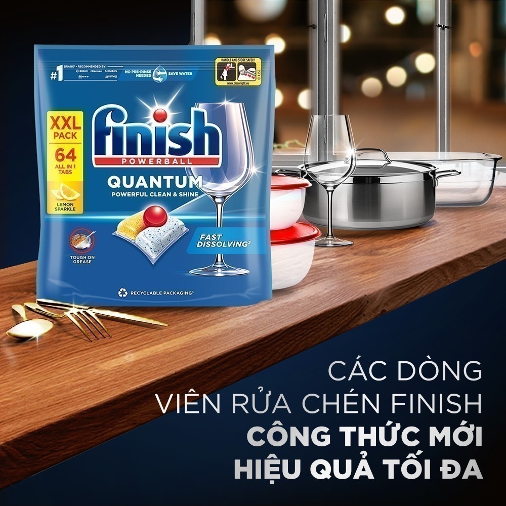 Túi 64 viên rửa chén Finish Quantum All in 1 2025 – 12 tính năng – Dành cho máy rửa chén 12-13 bộ trở lên