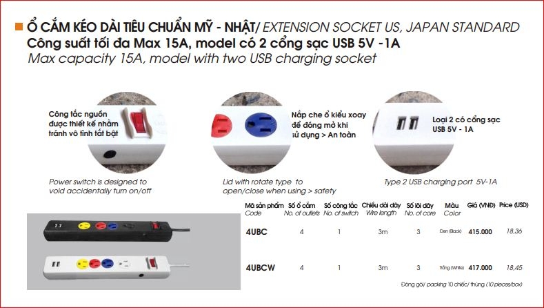 Ổ Cắm Kéo Dài LiOA Tiêu Chuẩn Mỹ Nhật 4UBCW