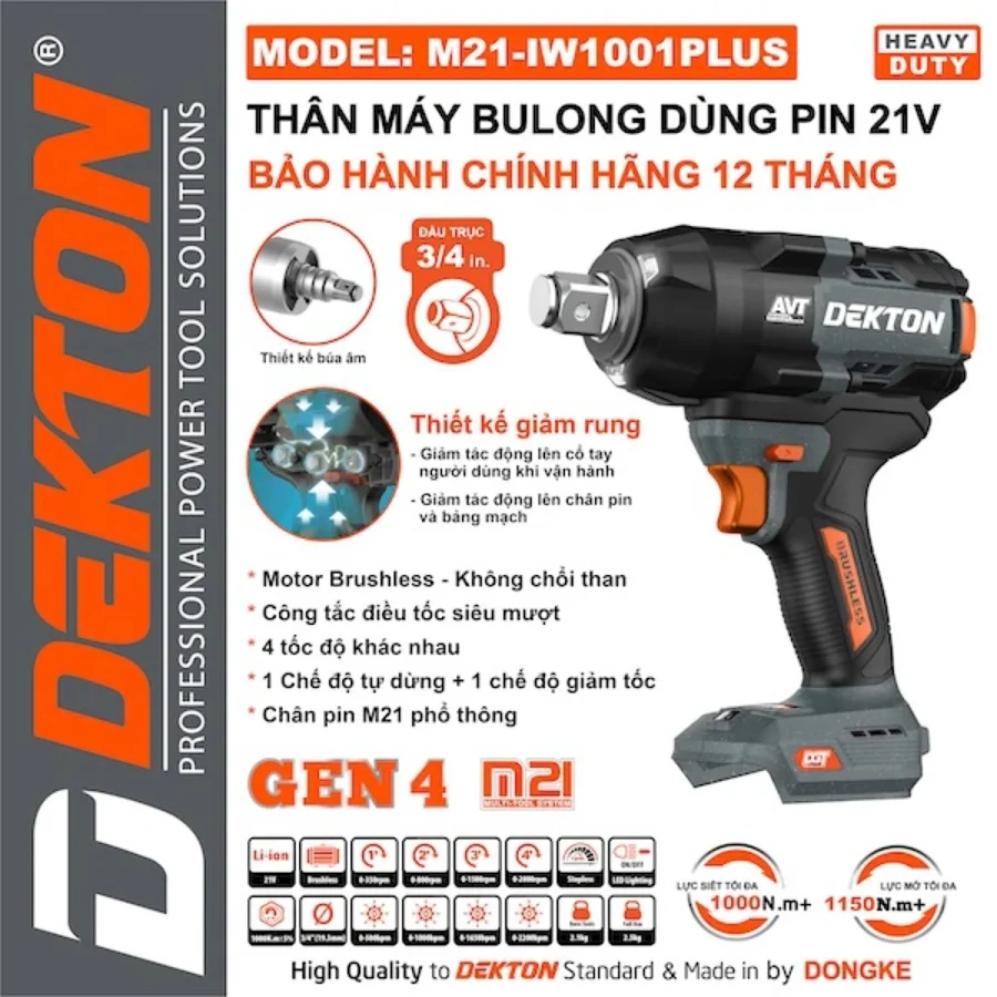 Thân máy siết bu lông dùng pin Dekton M21-IW1001PLUS