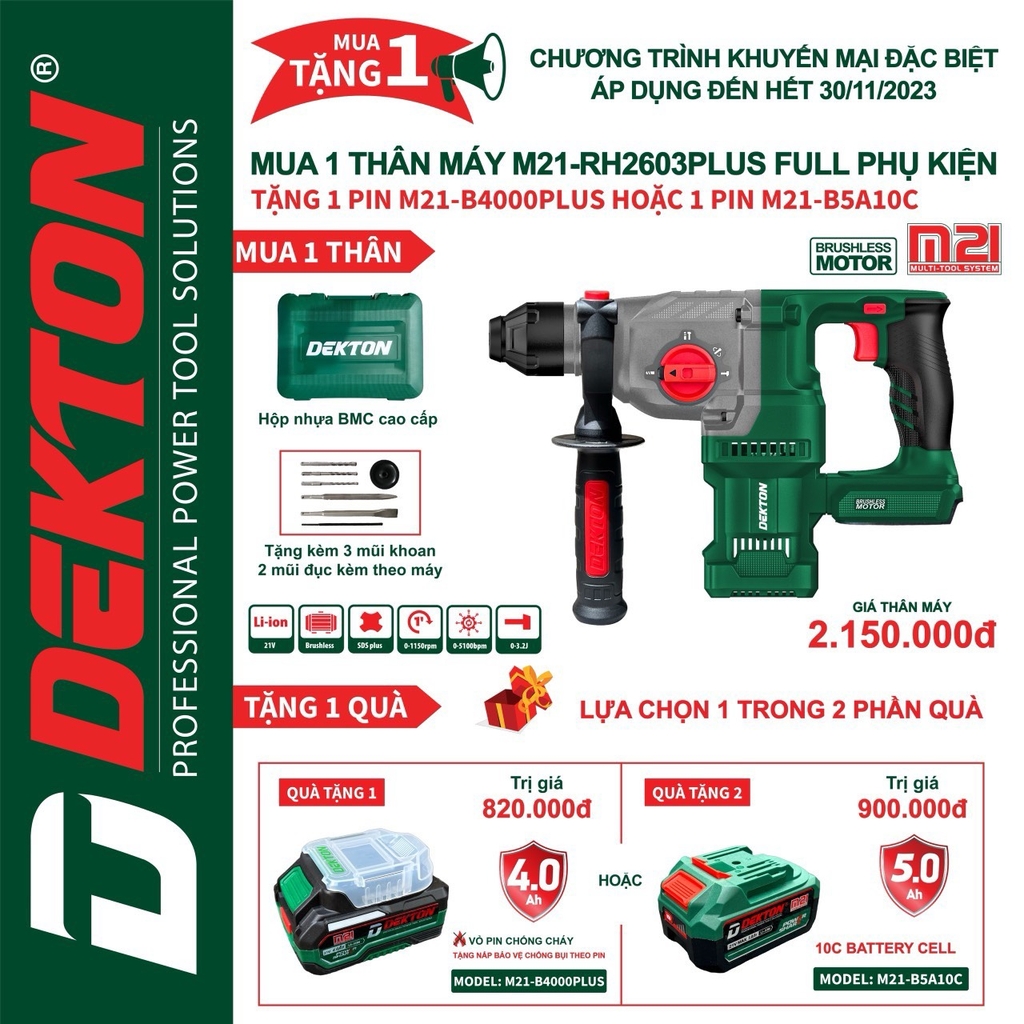Khoan Bê Tông Pin M21-RH2603PLUS (1 Thân + Tặng 1 Pin 4.0 EVE)