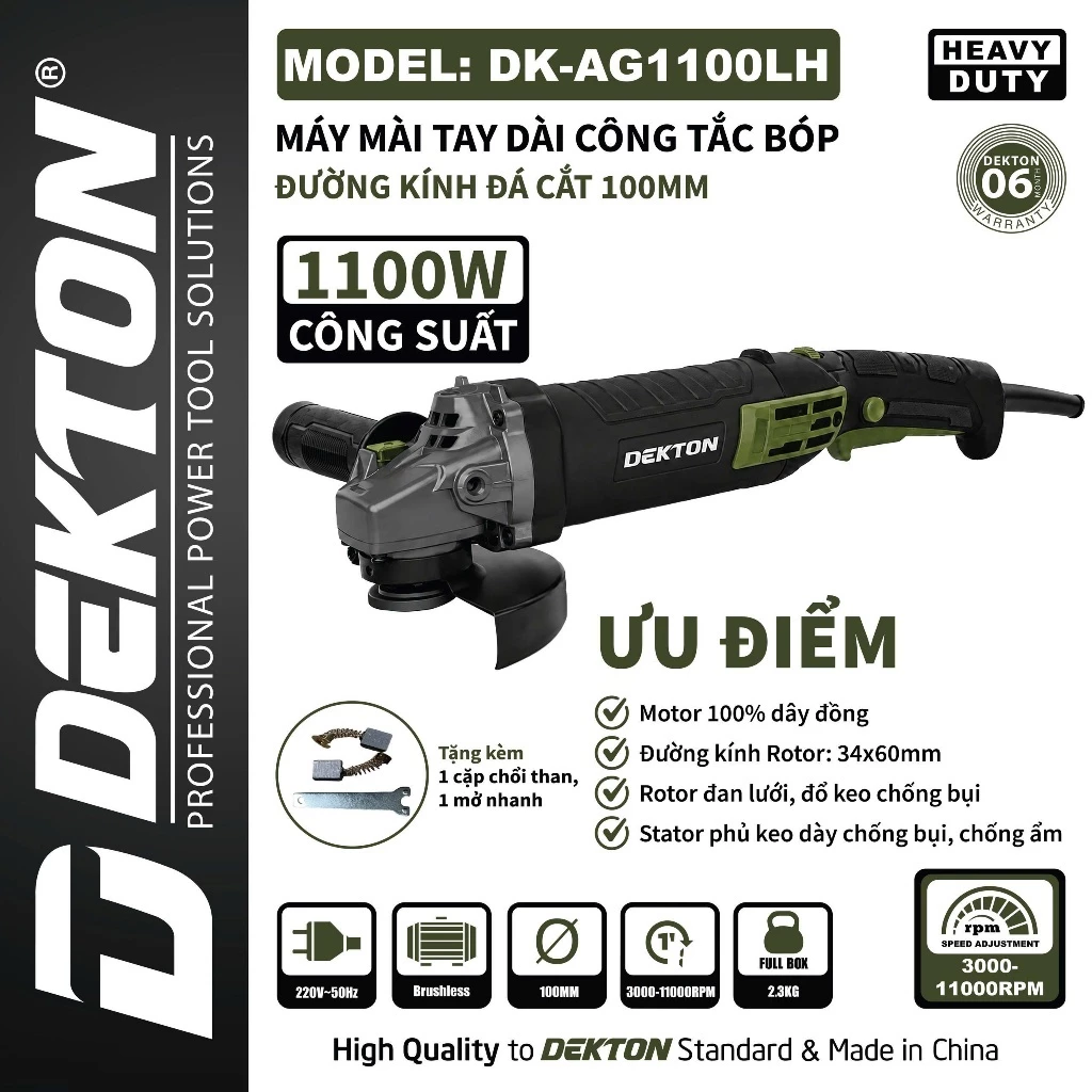 Máy mài 100mm Dekton DK-AG1100LH Công tắc bóp (có chỉnh tốc)