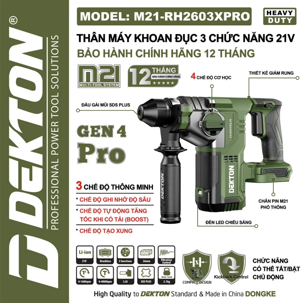 Thân máy khoan búa dùng pin 21V Dekton M21-RH2603XPRO (Chưa Pin & Sạc)