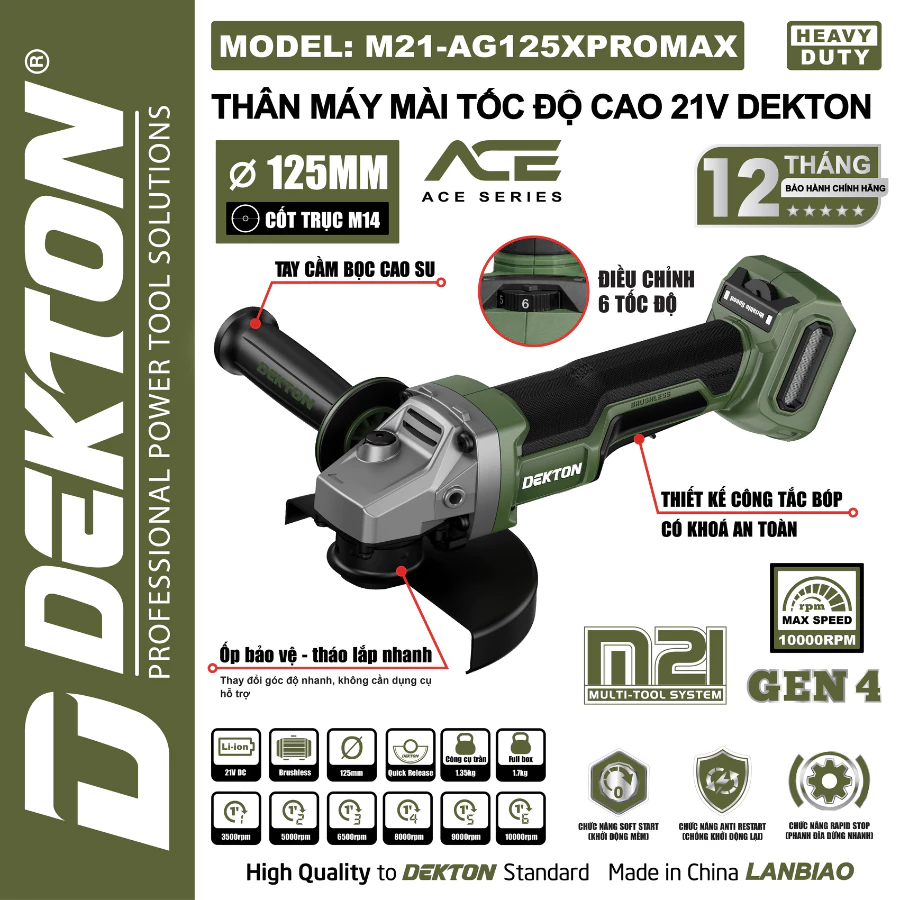 Thân Máy Mài Góc 21V Dekton M21-AG125XPROMAX