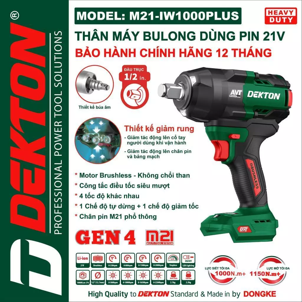 Thân máy siết bu lông dùng pin 21V Dekton M21-IW1000PLUS ( 1/2