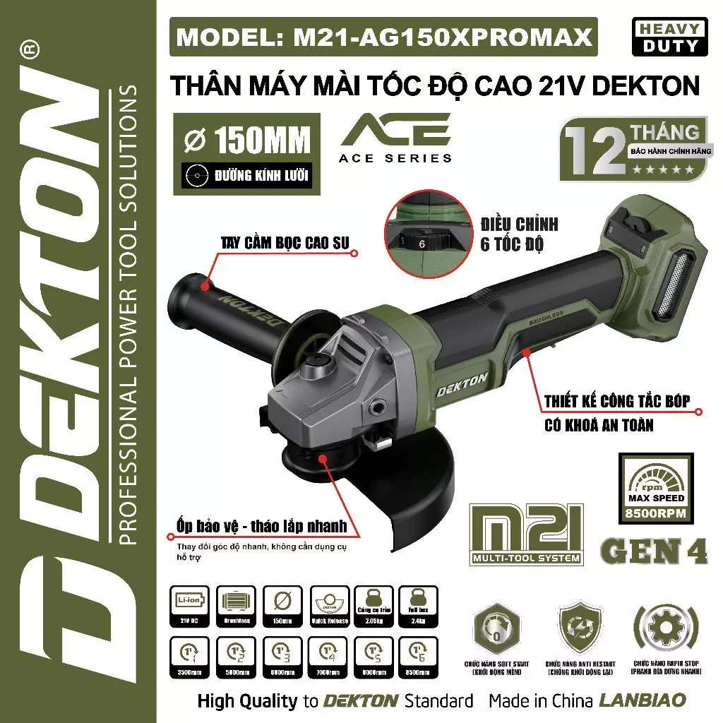 Thân Máy Mài Góc 21V Dekton M21-AG150XPROMAX