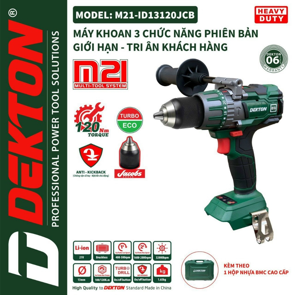 Thân Máy Khoan Pin 3 Chức Năng Dekton M21-ID13120JCB- Anti Kickback - Chân Pin Phổ Thông Makita