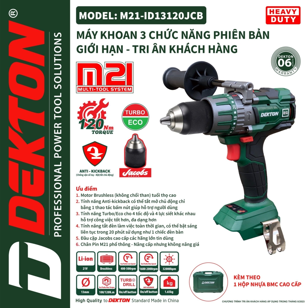 Máy Khoan PIn 3 Chức Năng DEKTON M21-ID13120JCB Lực Siết 120Nm - Chân Pin Phổ Thông - Đầu Cặp Jacobs 13mm Kèm Hộp Nhựa