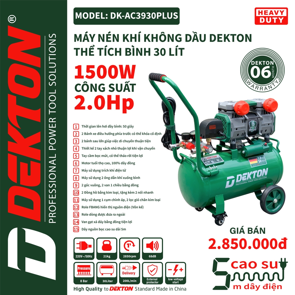 Máy nén khí Dekton 30l 2hp không dầu nhanh hơi DK-AC3930plus đầy đủ phụ kiện kèm theo