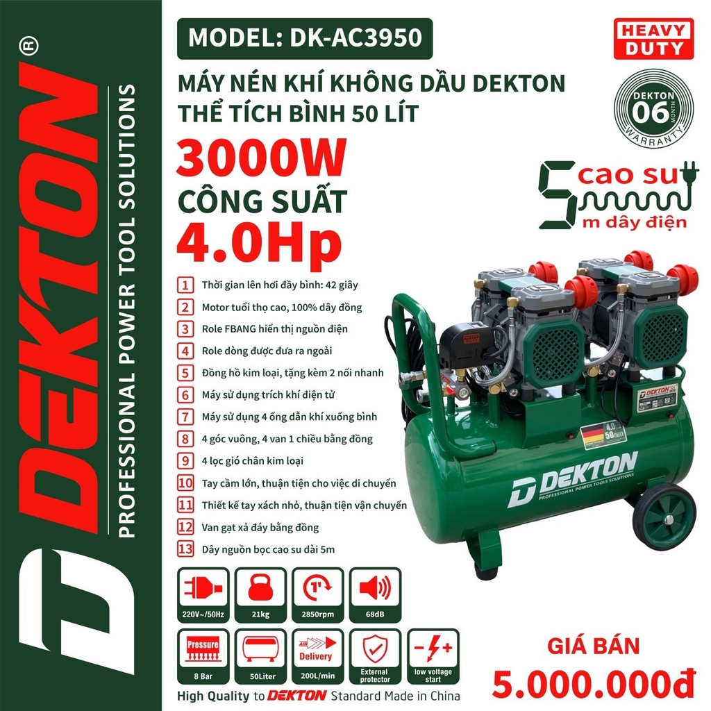 Máy Nén Khí 4HP/50L Dekton Khong Dầu / DK-AC3950 / 42 Giây Đầy Bình/50L