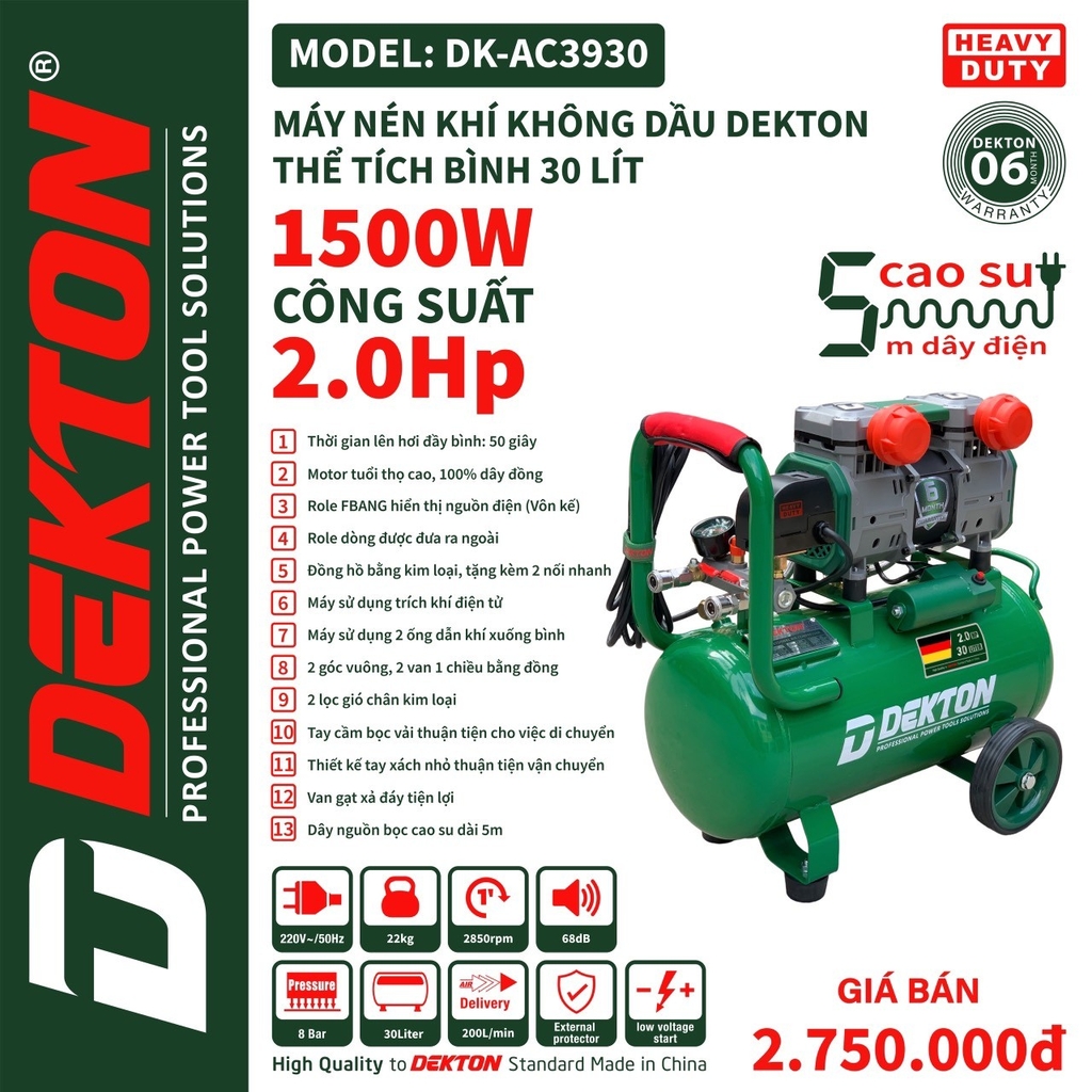 Nén Khí Không Dầu Dekton DK-AC3930 2HP/1500W/ Bình 30L - Lưu Lượng 200L/Phút