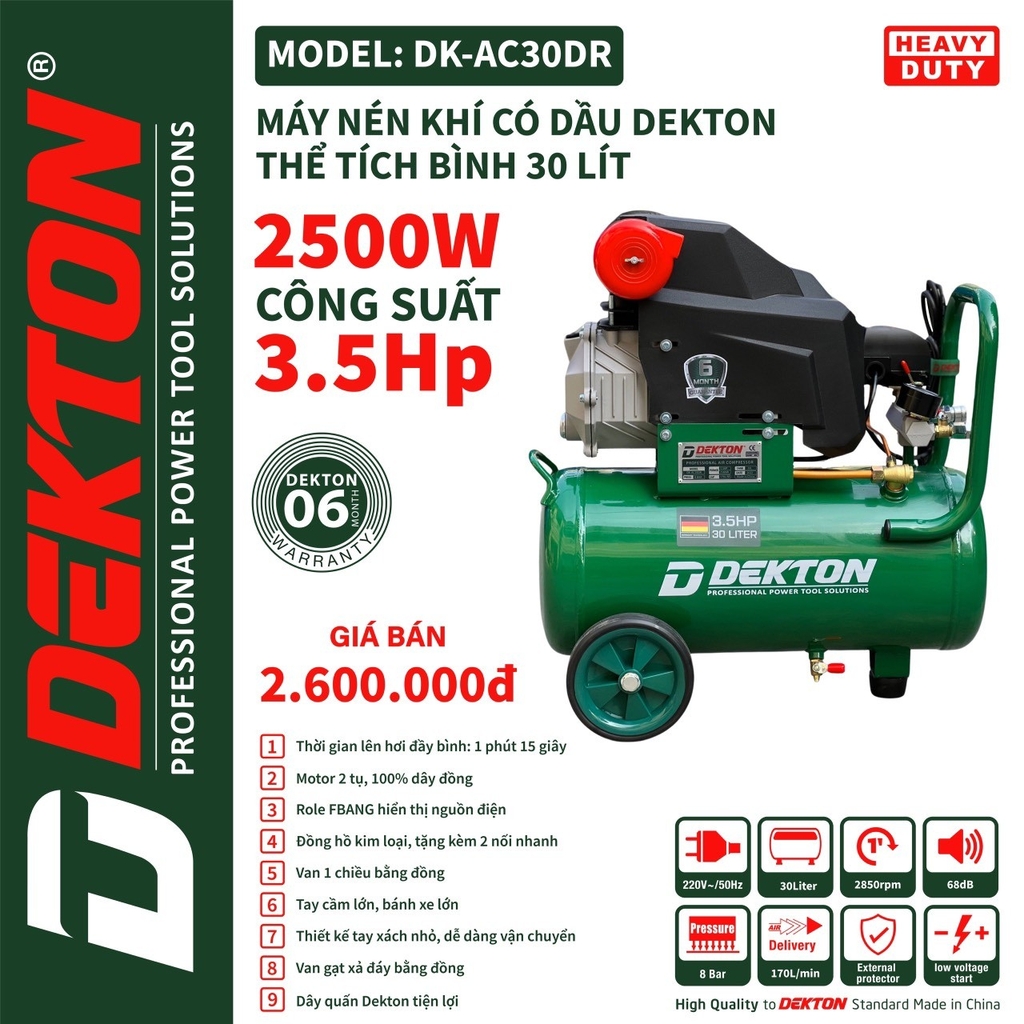 Máy Nén Khí Dekton DK-AC30DR 3.5HP/2500W/ Bình 30L - Lưu Lượng 170L/Phút