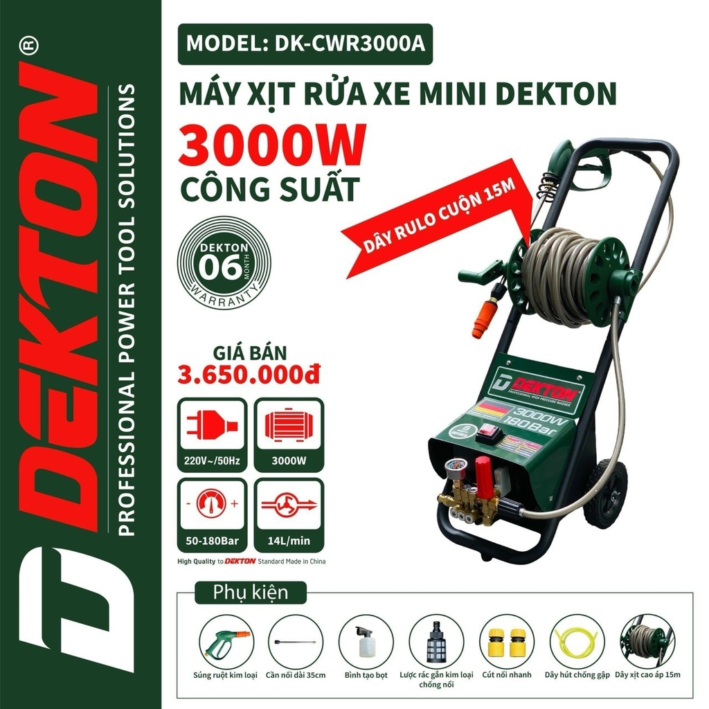 Máy Rửa Xe Cao Áp Dekton DK-CWR3000A - Công Suất 3000W - Có Chỉnh Áp -Mẫu Mới