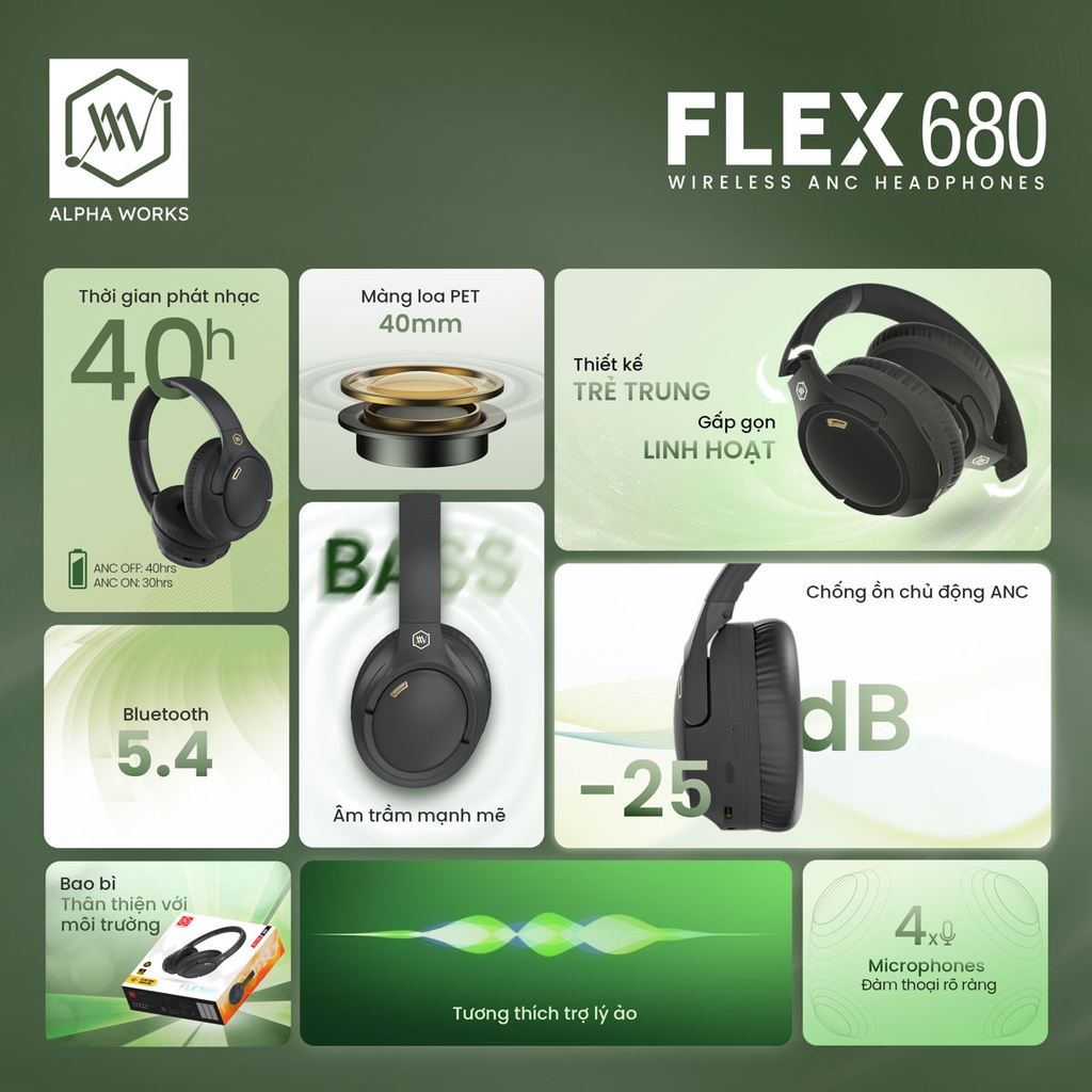 Tai Nghe Chụp Tai ALPHA WORKS FLEX 680 - Hàng Chính Hãng PGI