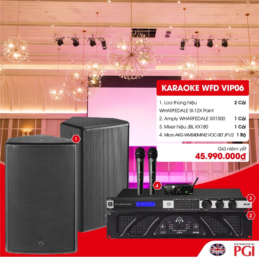 KARA WFD VIP06 - Combo Karaoke (Loa Wharfedale Pro SI-12X + WFD XR1500 + JBL KX180 + Mic AKG MINI2VOC) - Hàng Chính hãng PGI