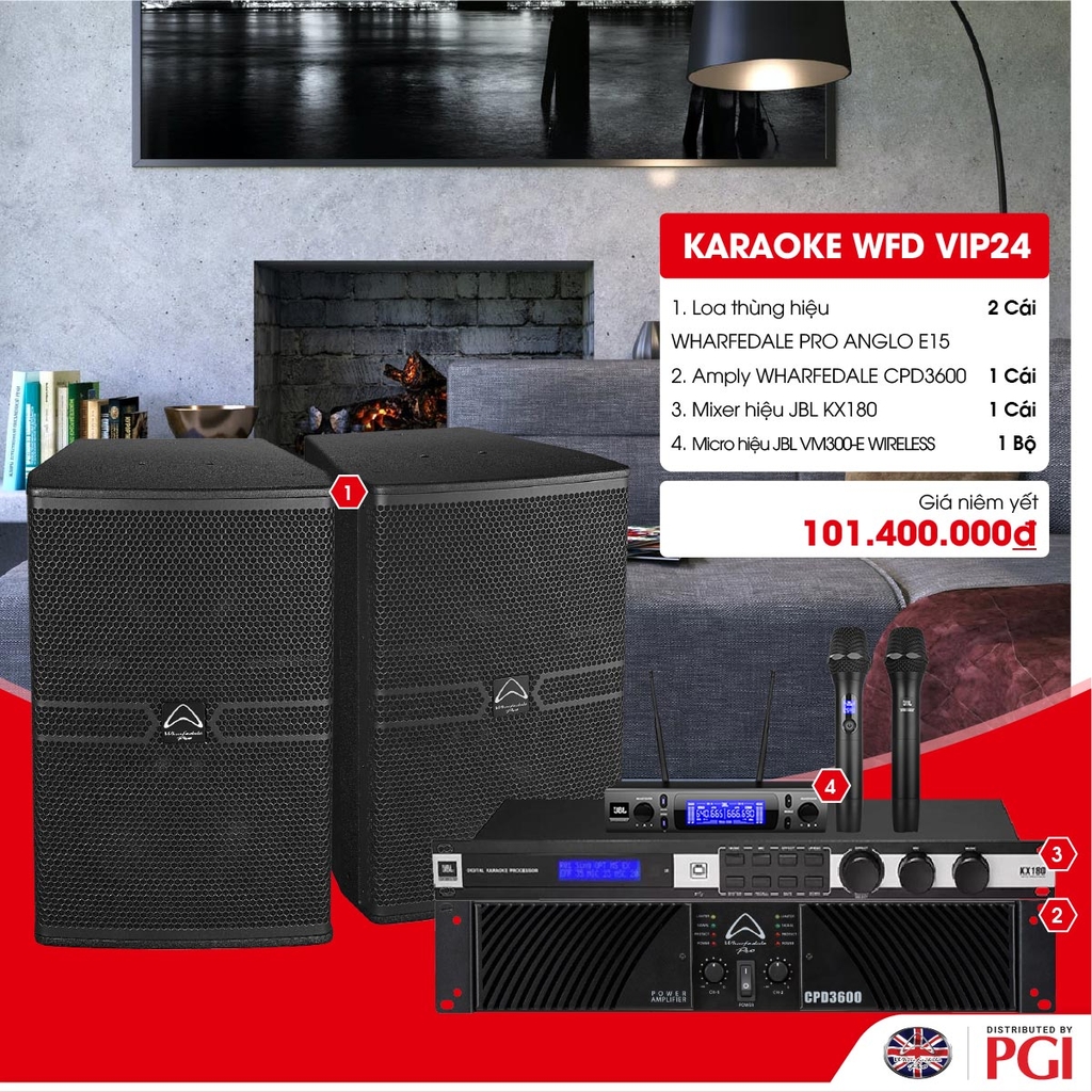 KARA WFD VIP24 - Combo Karaoke (Loa Wharfedale Pro Anglo E15 + WFD CPD3600 + JBL KX180 + JBL VM300) - Hàng Chính hãng PGI
