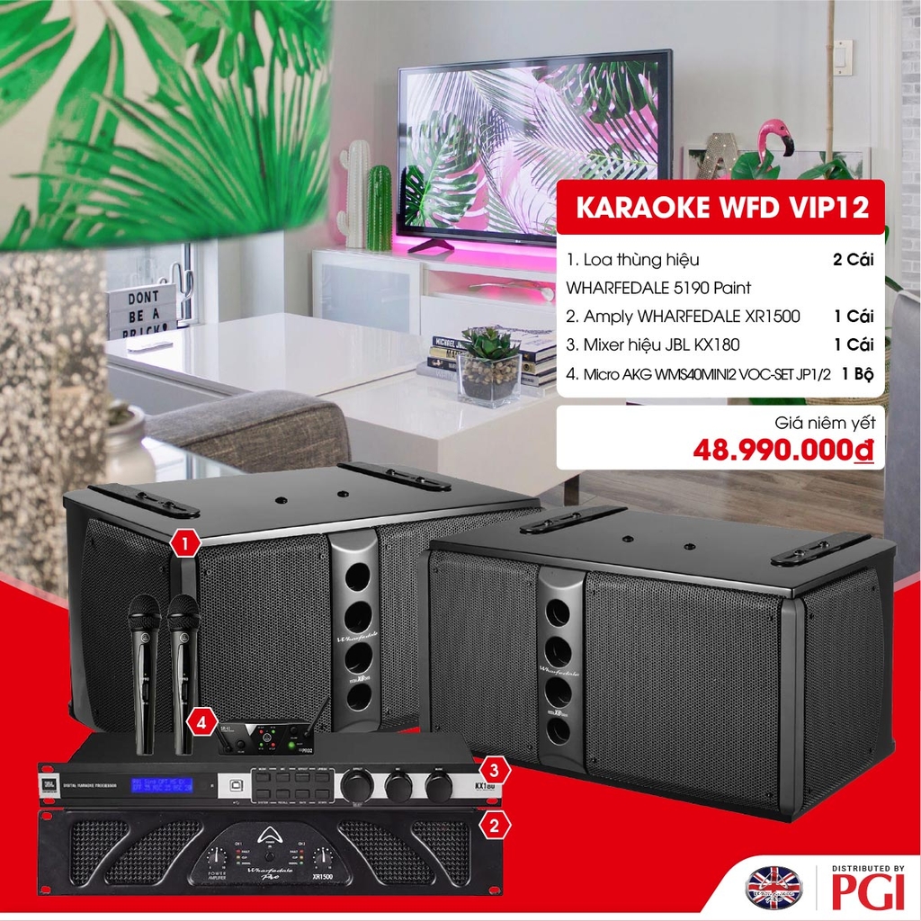 KARA WFD VIP12 - Combo Karaoke (Loa Wharfedale 5190 + WFD XR1500 + JBL KX180 + Mic AKG MINI2VOC) - Hàng Chính hãng PGI