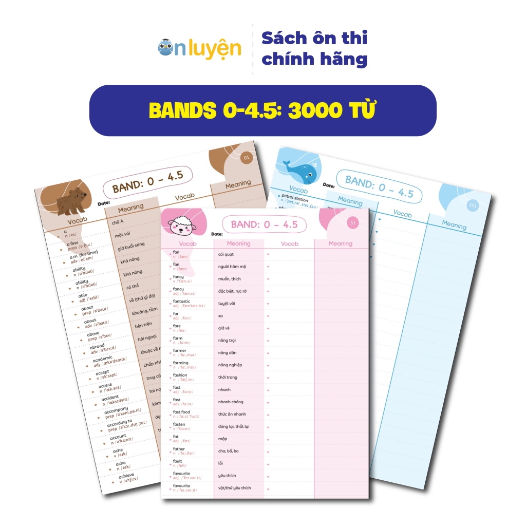 Bộ 6000 từ vựng IELTS theo band 0-4.5, 4.5-5.5, 5.5-6.5, 6.5+, dạng takenote dễ học dễ nhớ - Nhà sách Ôn luyện