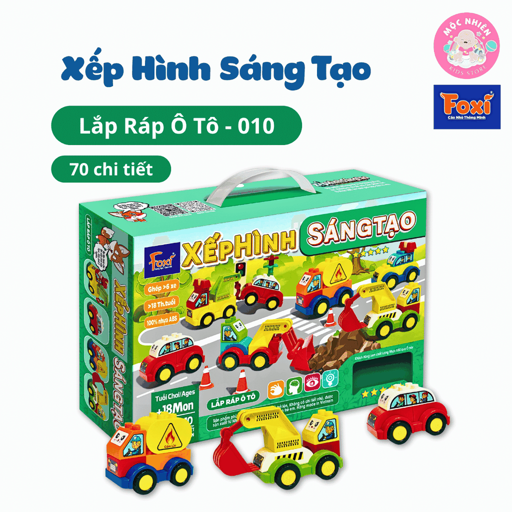 Xếp hình sáng tạo Đồ chơi trẻ em Lắp ráp ô tô, cửa hàng, đoàn tàu kéo số, chữ - chi tiết gạch to cho bé từ 1,5 tuổi - Hiệu Foxi