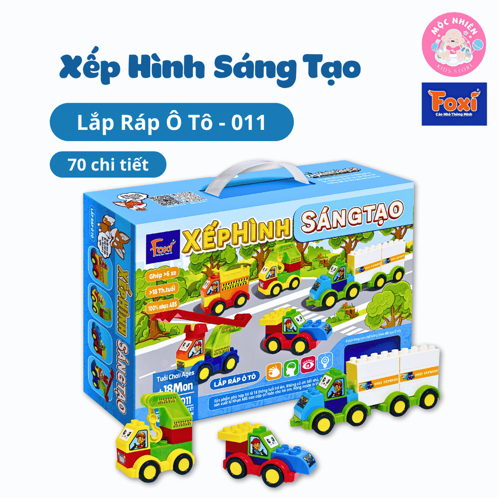 Xếp hình sáng tạo Đồ chơi trẻ em Lắp ráp ô tô, cửa hàng, đoàn tàu kéo số, chữ - chi tiết gạch to cho bé từ 1,5 tuổi - Hiệu Foxi