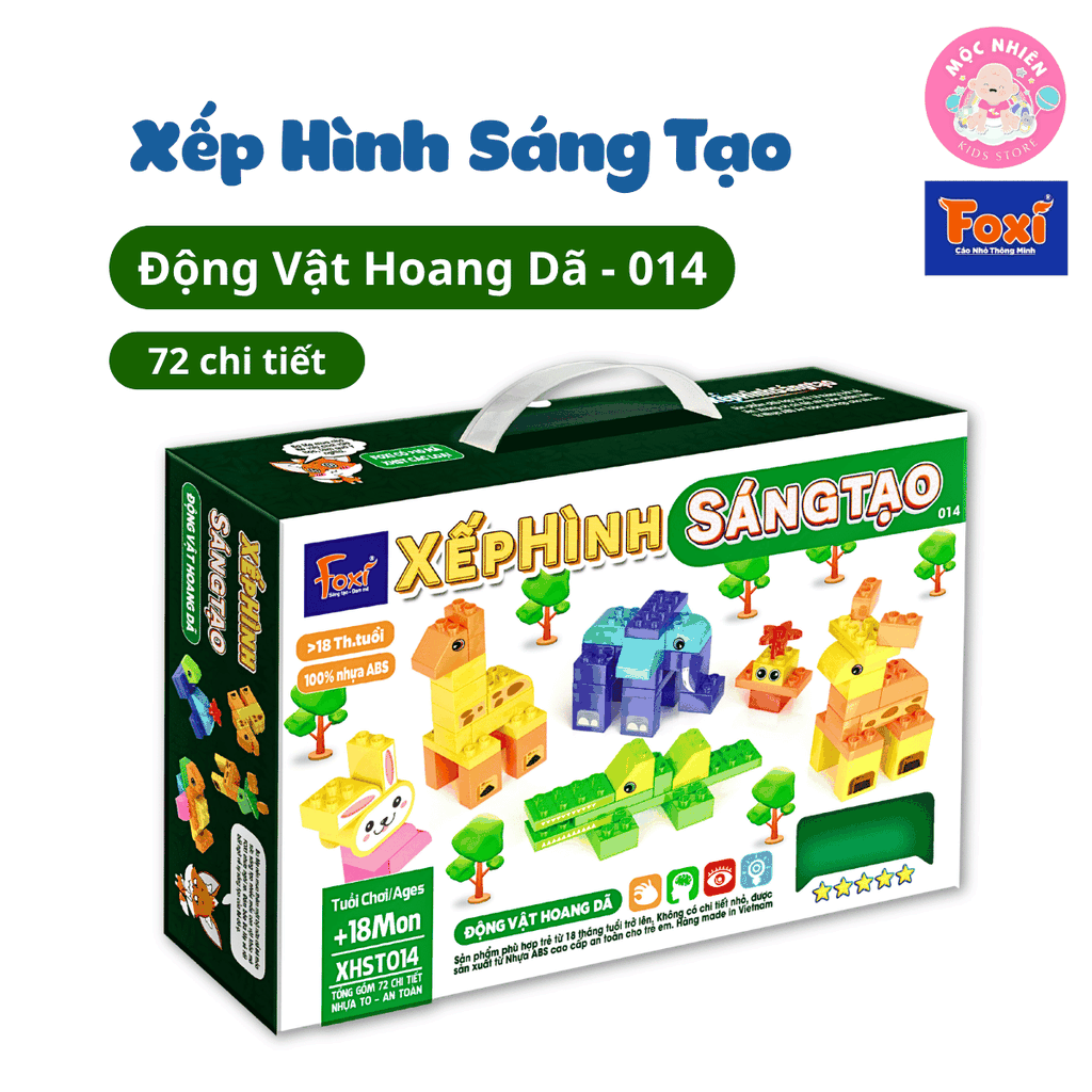 Xếp hình sáng tạo Đồ chơi trẻ em Lắp ráp ô tô, cửa hàng, đoàn tàu kéo số, chữ - chi tiết gạch to cho bé từ 1,5 tuổi - Hiệu Foxi