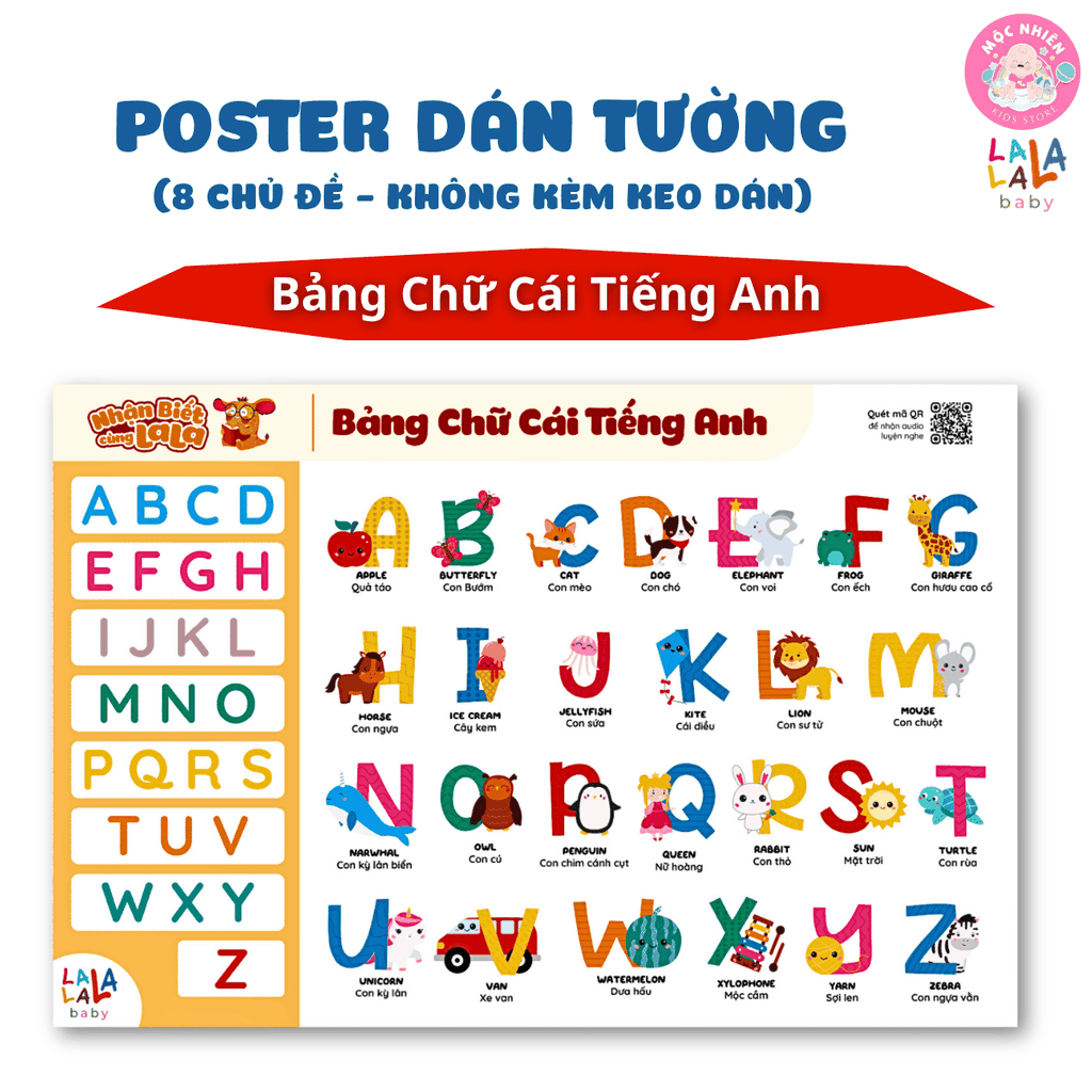 Đồ Chơi Giáo Dục - Poster Dán Tường (Không Keo Dính) Song Ngữ Anh Việt - Bảng Chữ Cái - Chữ Số - Cửu Chương - Động Vật