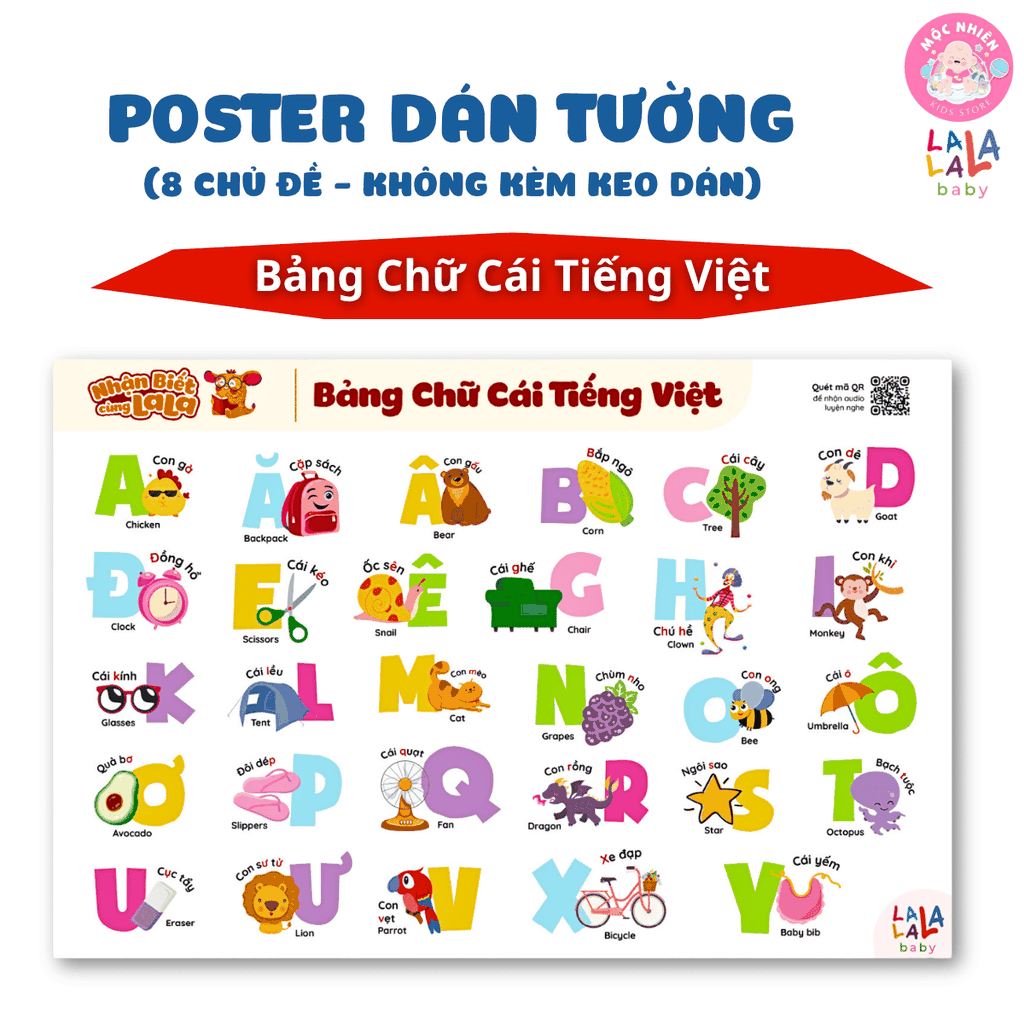 Đồ Chơi Giáo Dục - Poster Dán Tường (Không Keo Dính) Song Ngữ Anh Việt - Bảng Chữ Cái - Chữ Số - Cửu Chương - Động Vật