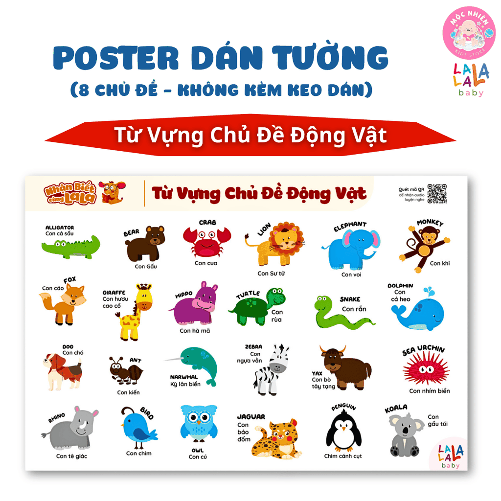 Đồ Chơi Giáo Dục - Poster Dán Tường (Không Keo Dính) Song Ngữ Anh Việt - Bảng Chữ Cái - Chữ Số - Cửu Chương - Động Vật