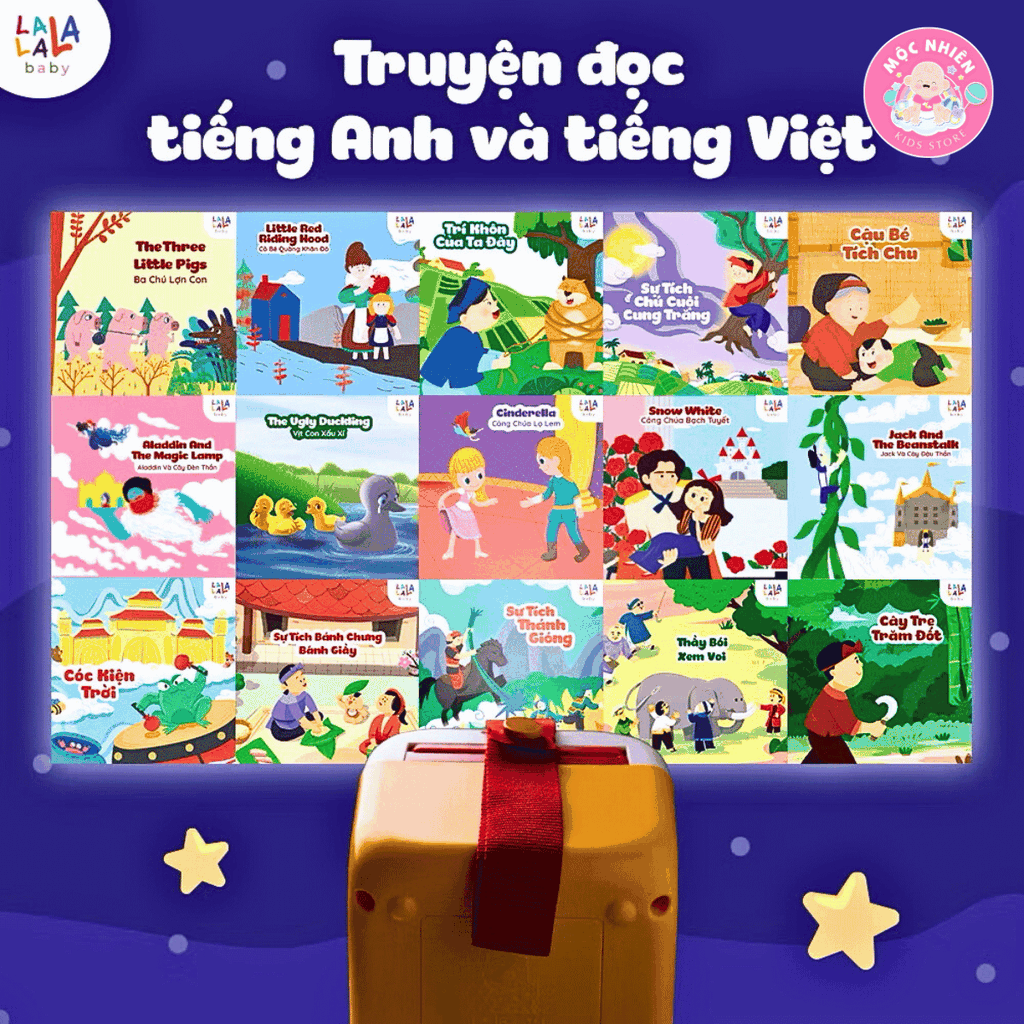 Combo 03 gồm Máy chiếu kể chuyện Lala Story Cinema Bộ tiêu chuẩn và Set cổ tích tiếng Việt + Set cổ tích tiếng Anh - Lalala baby