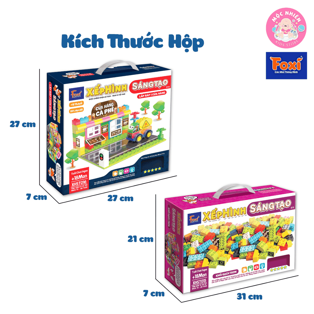 Xếp hình sáng tạo Đồ chơi trẻ em Lắp ráp ô tô, cửa hàng, đoàn tàu kéo số, chữ - chi tiết gạch to cho bé từ 1,5 tuổi - Hiệu Foxi