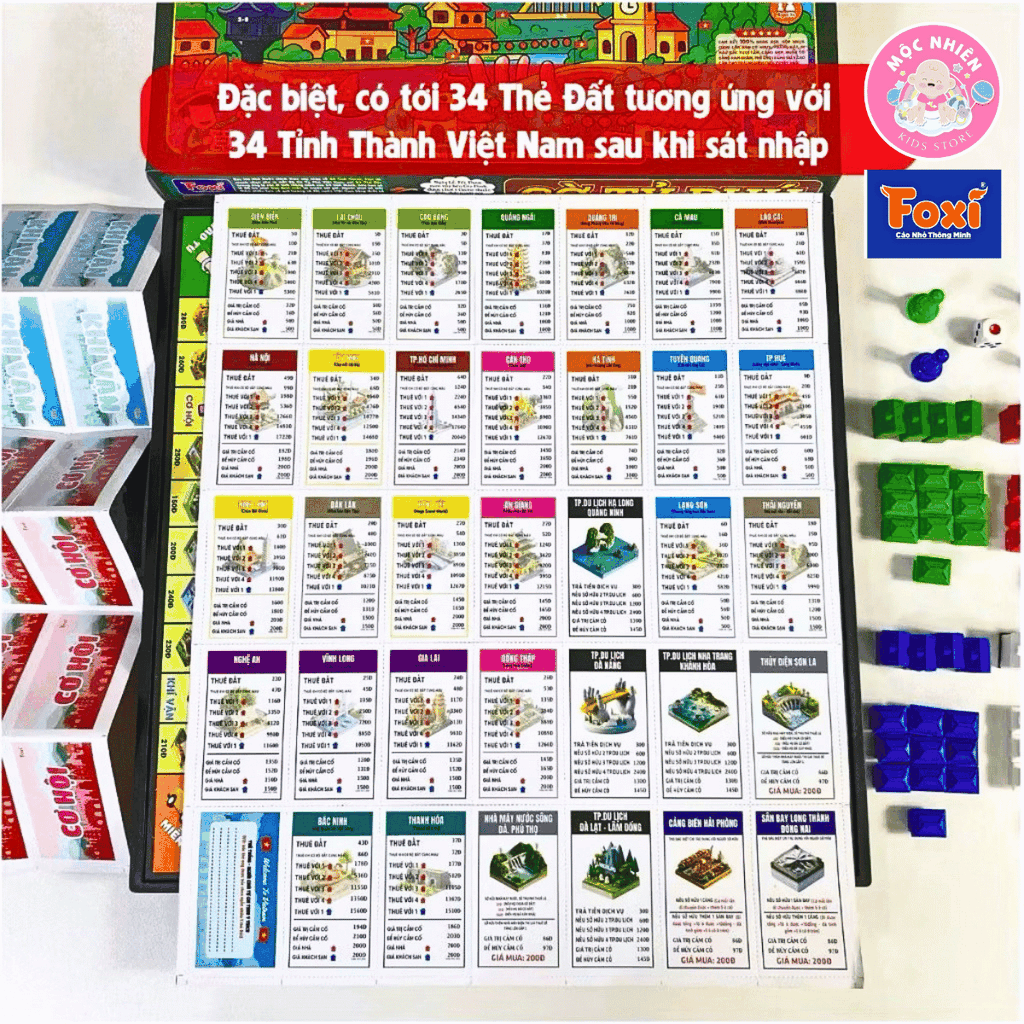 Bộ Cờ Tỷ Phú Việt Nam Plus 34 tỉnh thành (có nam châm) - Chiến lược kinh doanh chơi nhóm bạn 4 và 6 người - Hiệu Foxi