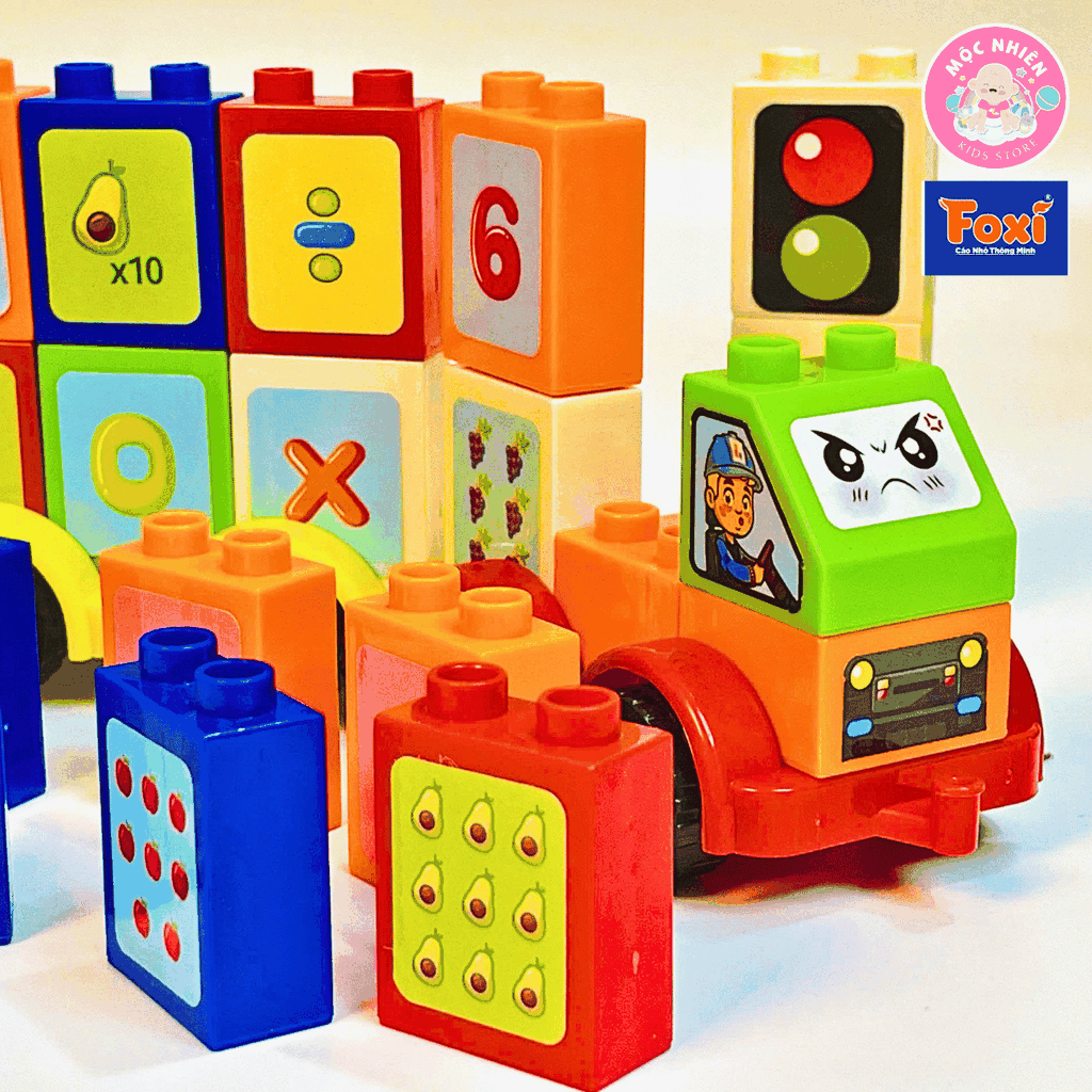 Xếp hình sáng tạo Đồ chơi trẻ em Lắp ráp ô tô, cửa hàng, đoàn tàu kéo số, chữ - chi tiết gạch to cho bé từ 1,5 tuổi - Hiệu Foxi