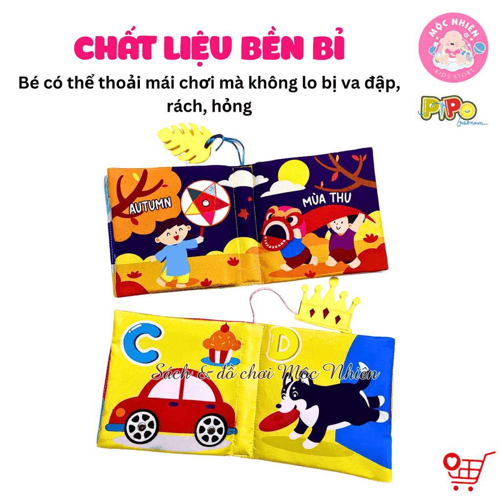 Sách vải tương tác lật mở cho bé nhận biết màu sắc, học chữ, tập đếm, 4 mùa (lẻ cuốn) size cơ bản 15x15 - Pipovietnam