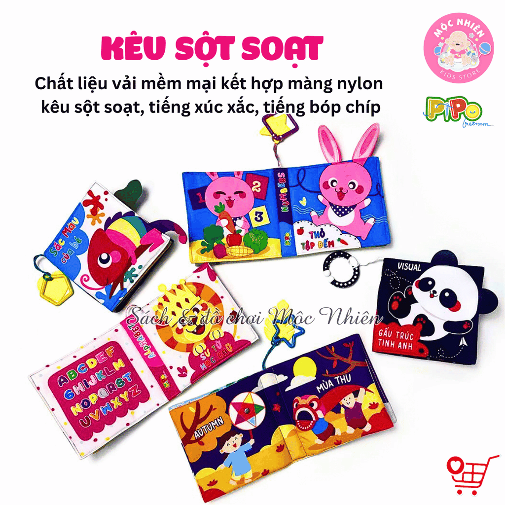 Sách vải tương tác lật mở cho bé nhận biết màu sắc, học chữ, tập đếm, 4 mùa (lẻ cuốn) size cơ bản 15x15 - Pipovietnam