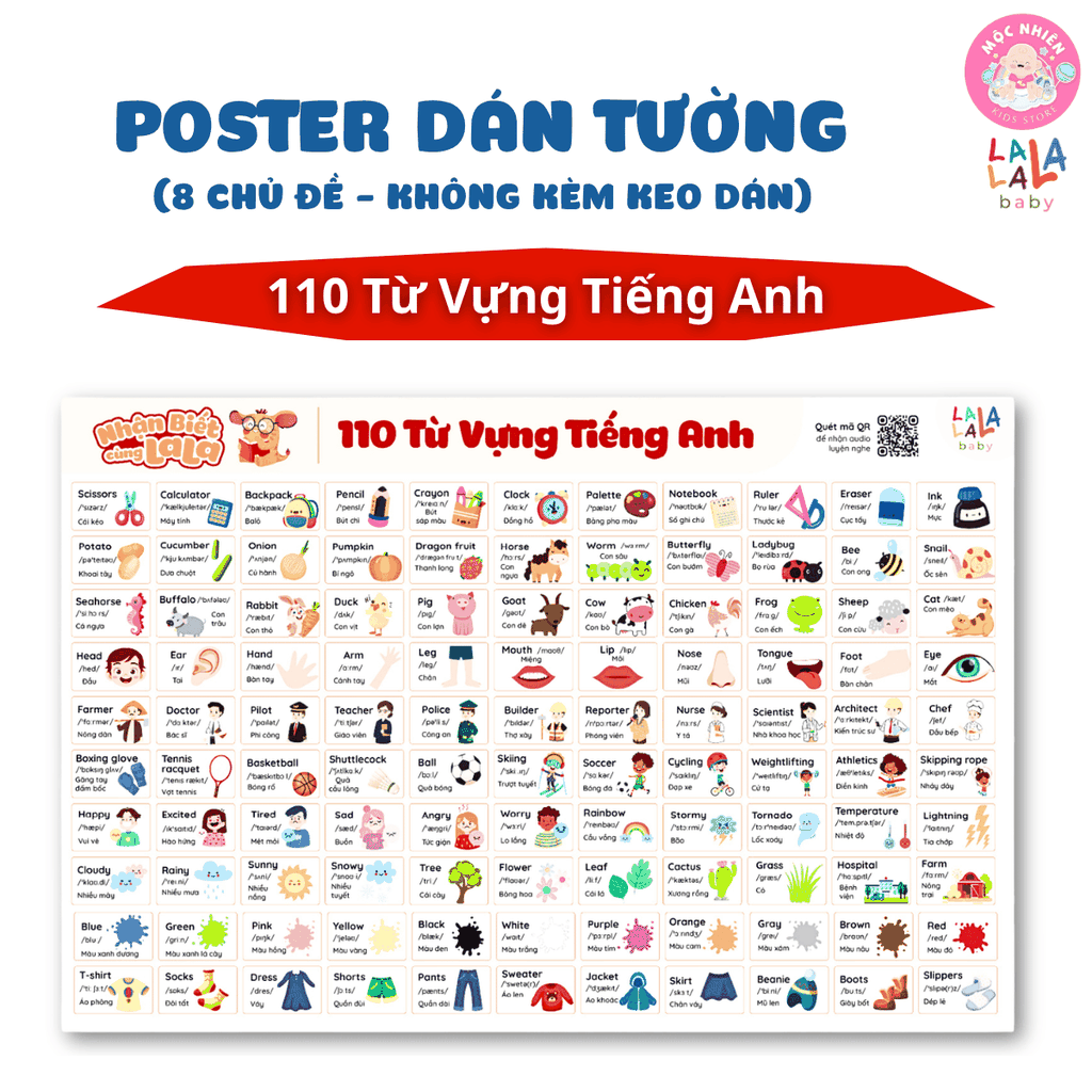 Đồ Chơi Giáo Dục - Poster Dán Tường (Không Keo Dính) Song Ngữ Anh Việt - Bảng Chữ Cái - Chữ Số - Cửu Chương - Động Vật