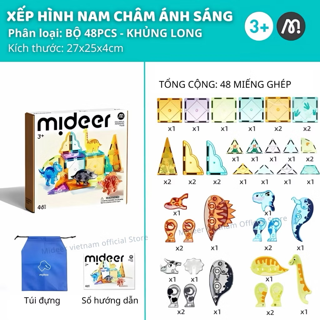 Đồ chơi xếp hình nam châm ánh sáng cầu vồng loại Động vật 40pcs và Khủng long 48pcs - Mideer Colorful Magnetic Tiles