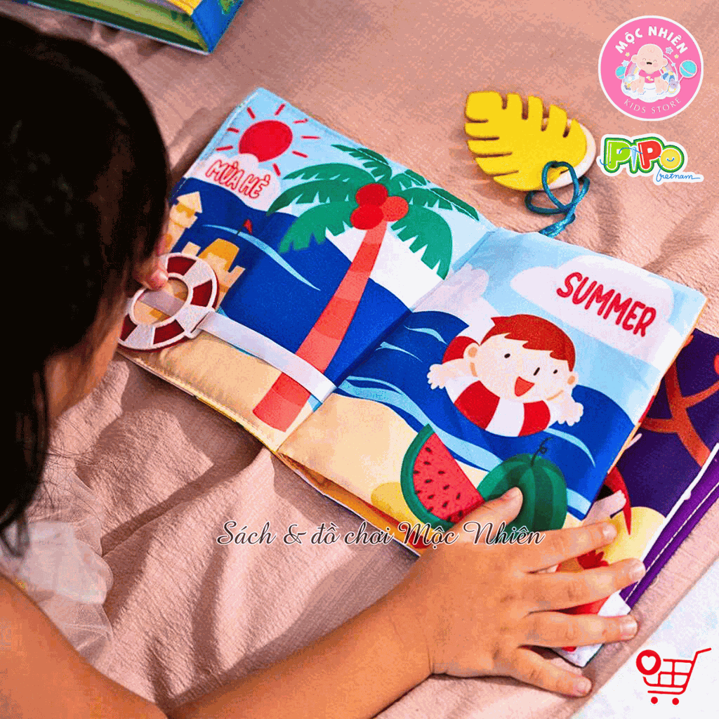 Sách vải tương tác lật mở cho bé nhận biết màu sắc, học chữ, tập đếm, 4 mùa (lẻ cuốn) size cơ bản 15x15 - Pipovietnam