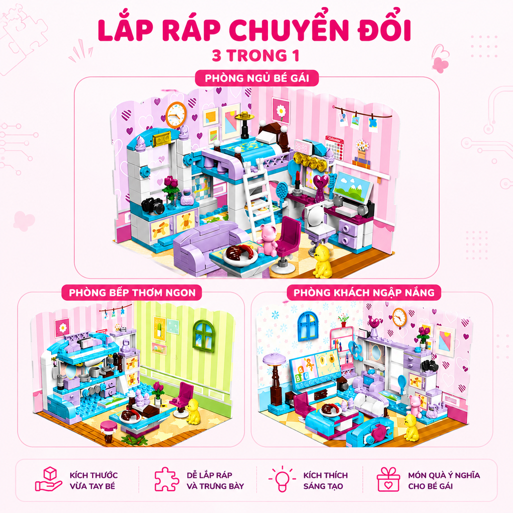 Đồ chơi lắp ráp Qman 4801 - Phòng của bé gái (194 mảnh ghép) - Dành cho bé từ 6 tuổi