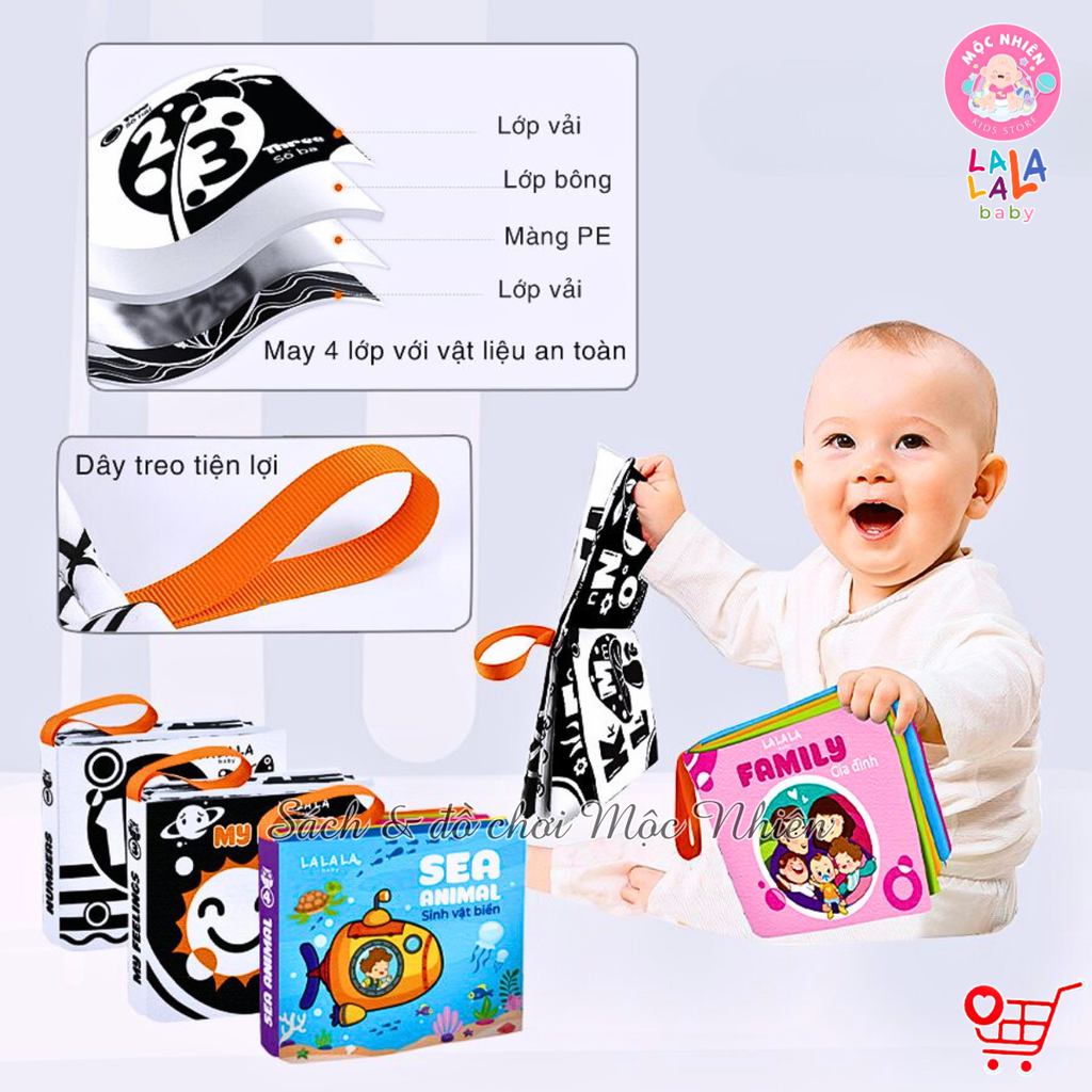 Combo 04 cuốn Sách vải mini (Loại A) kích thích thị giác cho bé sơ sinh 0 đến 12 tháng - Lalala Baby - 8 trang kích thước 12x11 cm
