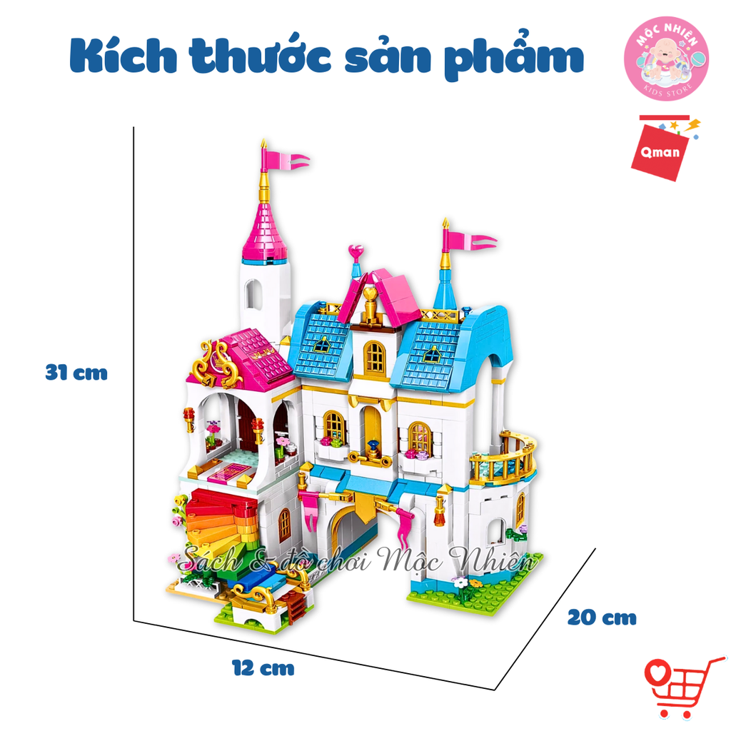 Đồ chơi lắp ráp Qman 32014 - Lâu đài cầu vồng 605 mảnh ghép (kèm 3 nhân vật)