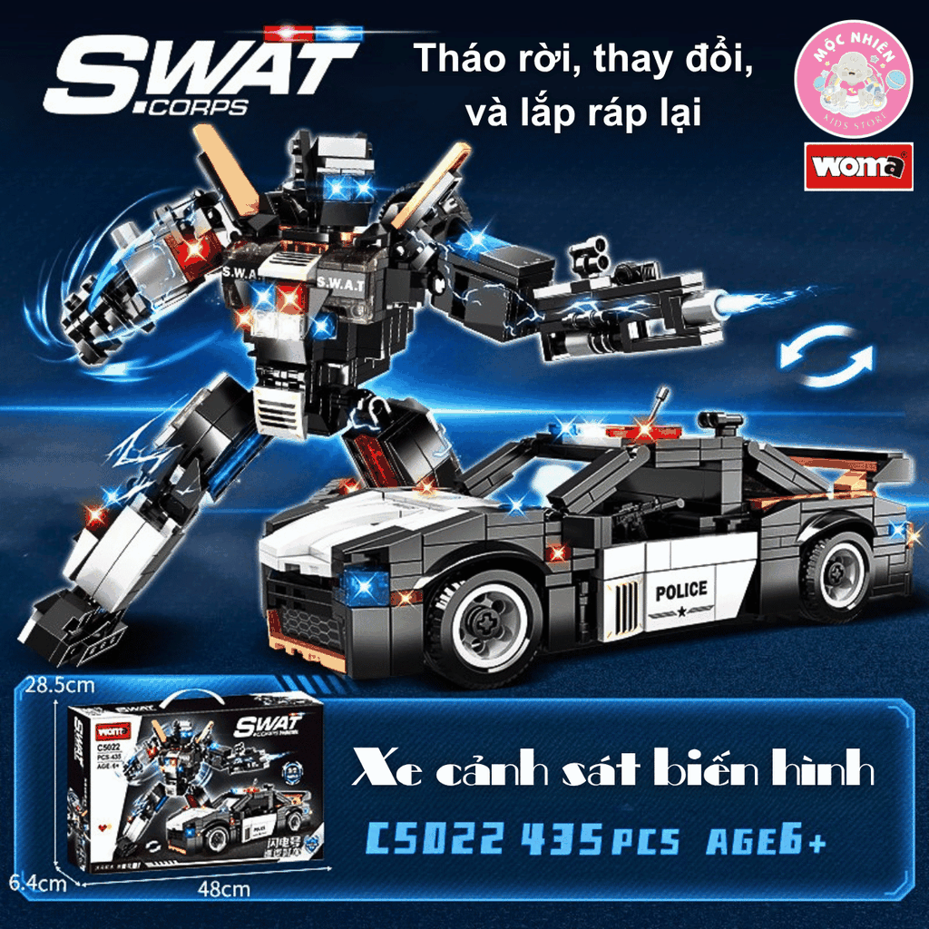 Đồ chơi lắp ráp xếp hình 2 trong 1 Woma C5022 - Xe cảnh sát biến hình Robot SWAT (431 chi tiết)