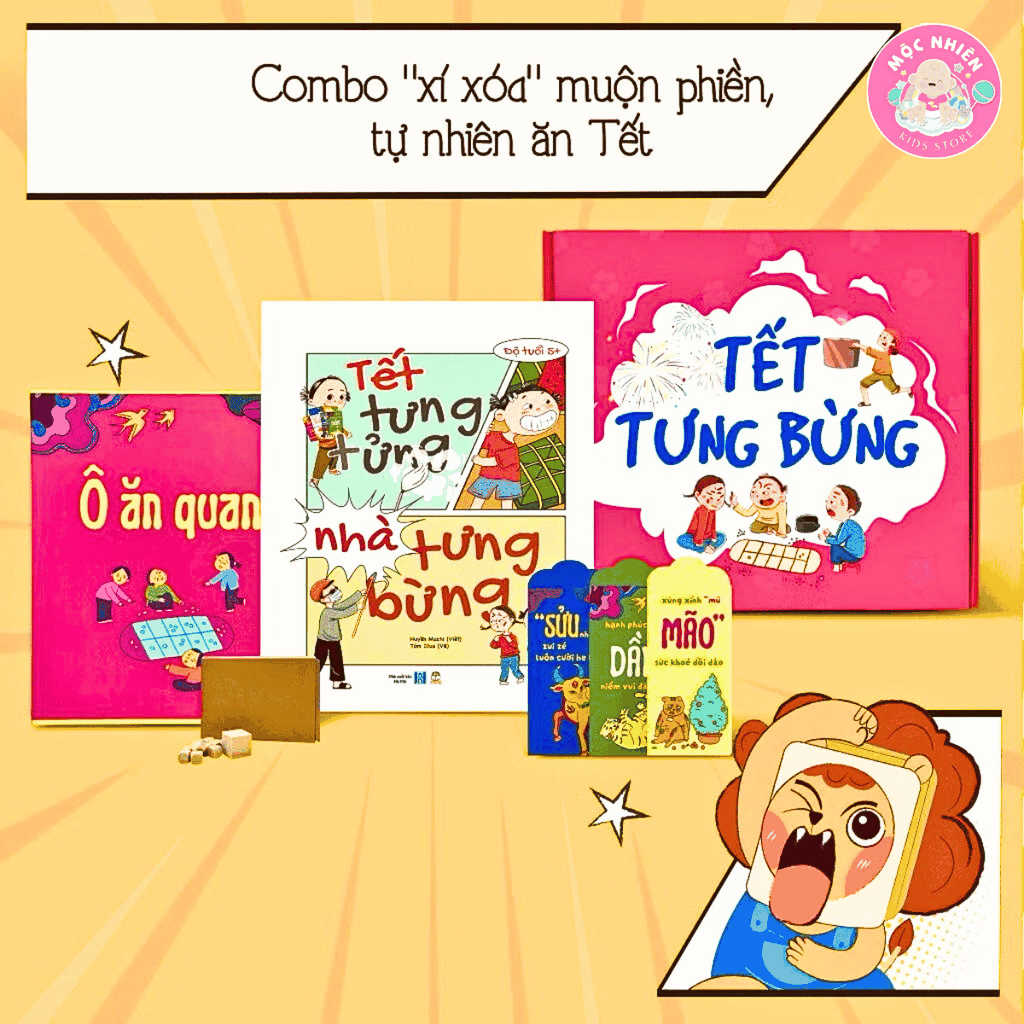 Hộp quà Tết tưng bừng cho bé độ tuổi 5+ gồm sách và set đồ chơi dân gian Ô ăn quan