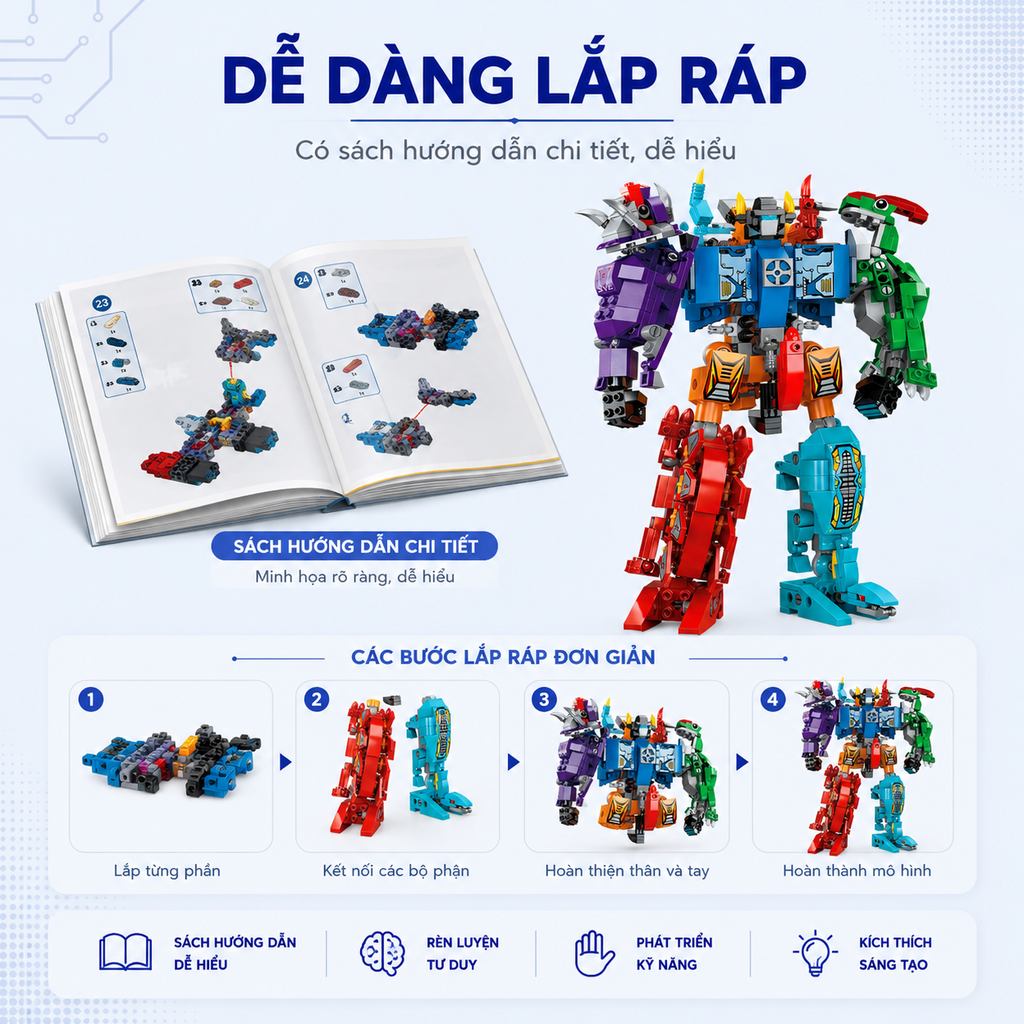 Đồ chơi xếp hình, lắp ráp 6 in 1 Qman 1414 - Siêu Robot khủng long Sura (456 mảnh ghép)
