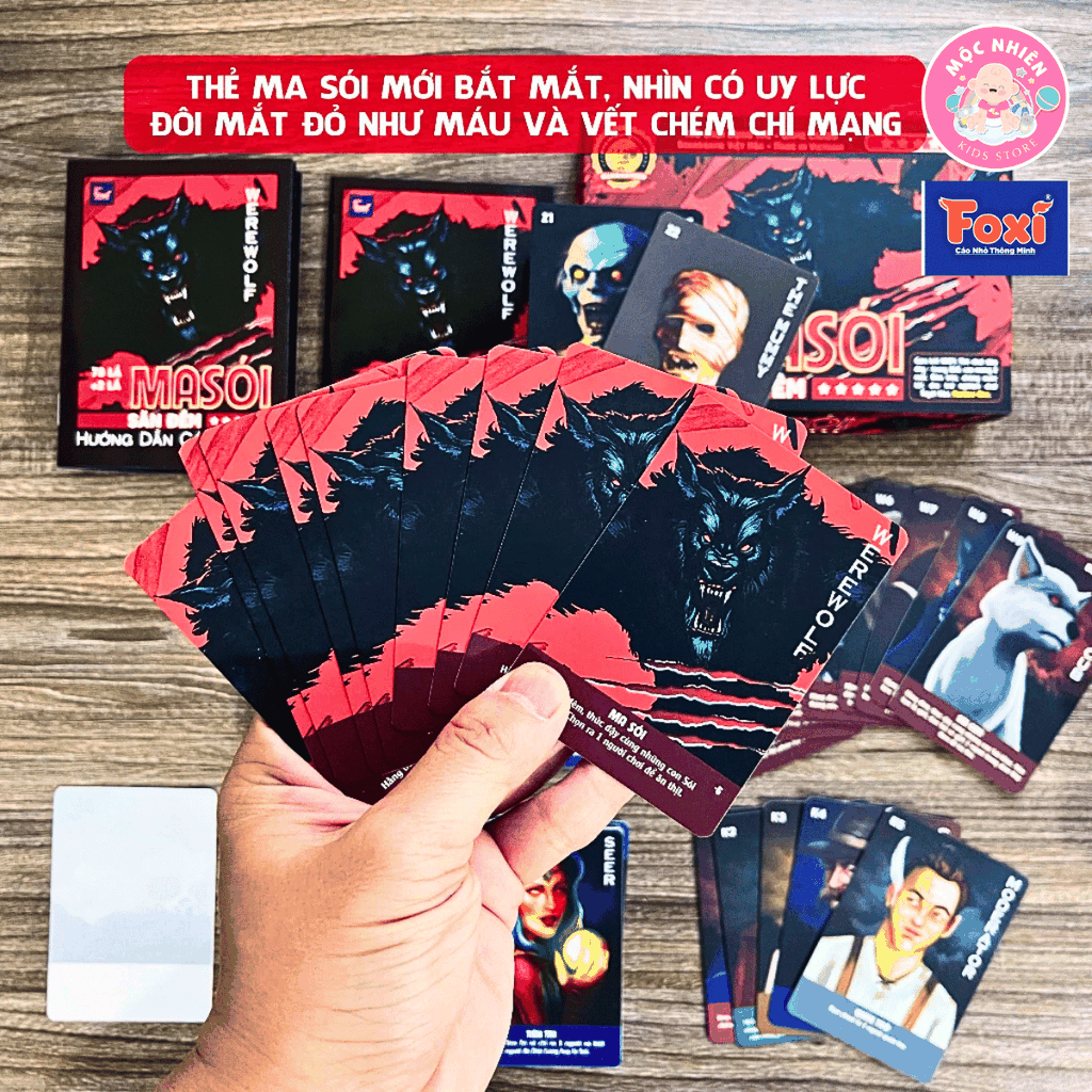 Board game Bài Ma Sói Săn Đêm Việt hóa Foxi - Werewoft-80 lá-78 lá tặng 2 thẻ mở rộng - Thẻ in siêu dày